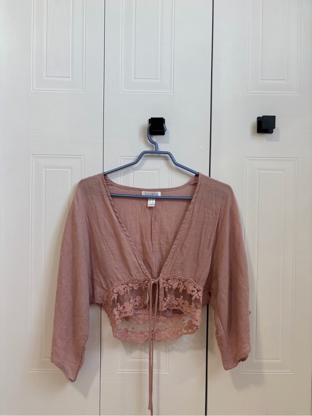 Delicate Dusty Rose Lace-Trim Tie-Front Top